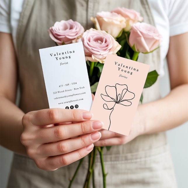 Modern blush pink line art floral drawing elegant business card (Modern blush pink line art floral drawing elegant)