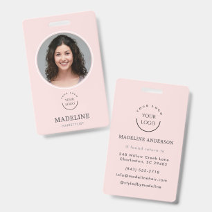 Modern Blush Pink Logo Photo Hair Stylist ID Badge