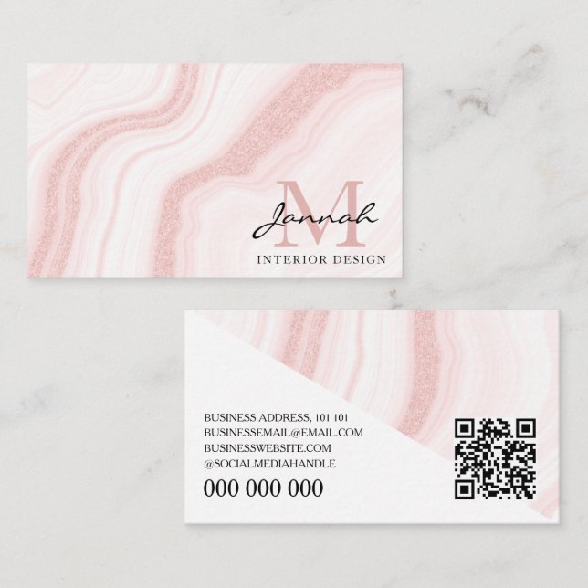 Modern Blush Pink Marble QR Code Interior Design Business Card (Front/Back)