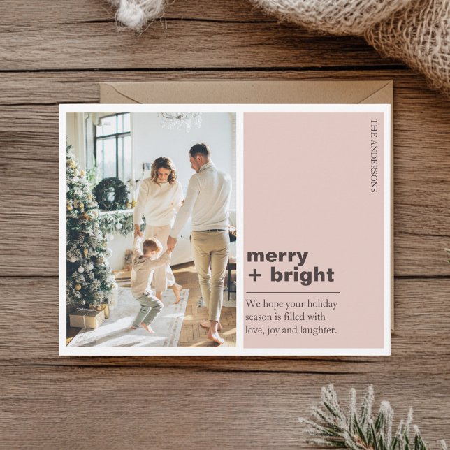Modern Blush Pink Merry + Bright Christmas Photo  Postcard (Creator Uploaded)