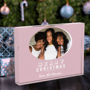 Modern Blush Pink Merry Christmas Holiday Photo Block