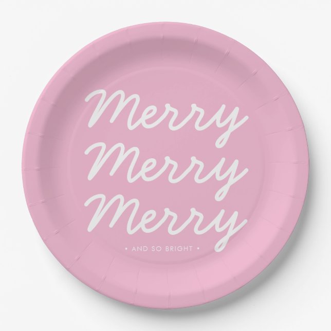Modern Blush Pink Merry Christmas Paper Plates (Front)