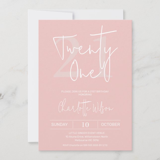 Modern Blush Pink Minimalist 21st Birthday Invitation (Front)