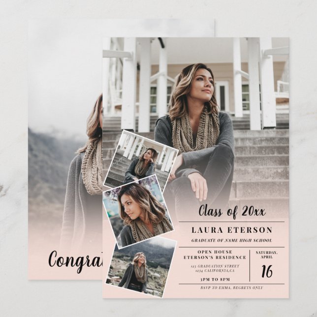 Modern blush pink minimalist photo graduation invitation (Front/Back)