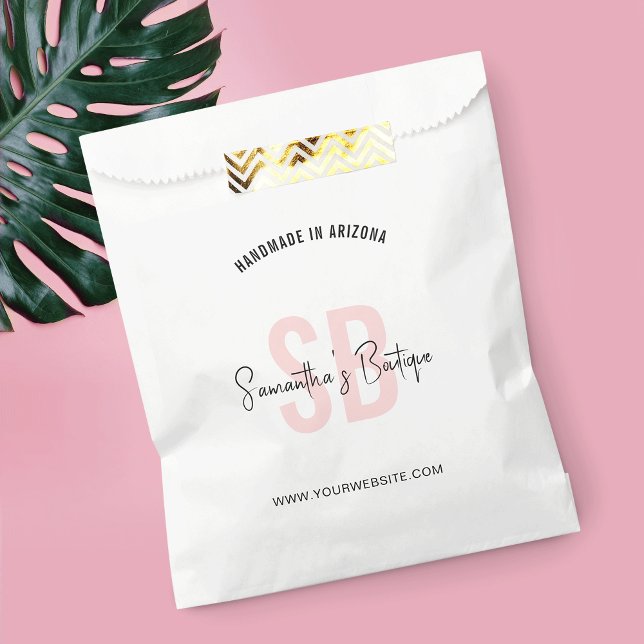 Modern Blush Pink Monogram Logo Branded Paper Bags (Feminine blush pink and white branded paper shopping bag for your business)