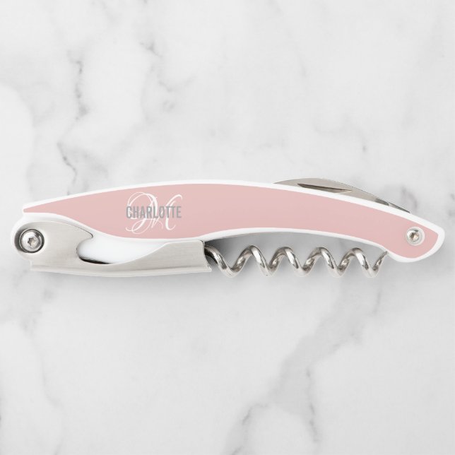 Modern blush pink monogram name corkscrew (Front)