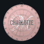 Modern blush pink monogram name dartboard<br><div class="desc">Modern blush pink dart board with a grey typography name and white monogram. Personalise with name and initial.</div>