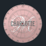 Modern blush pink monogram name dartboard<br><div class="desc">Modern blush pink dart board with a grey typography name and white monogram. Personalise with name and initial.</div>