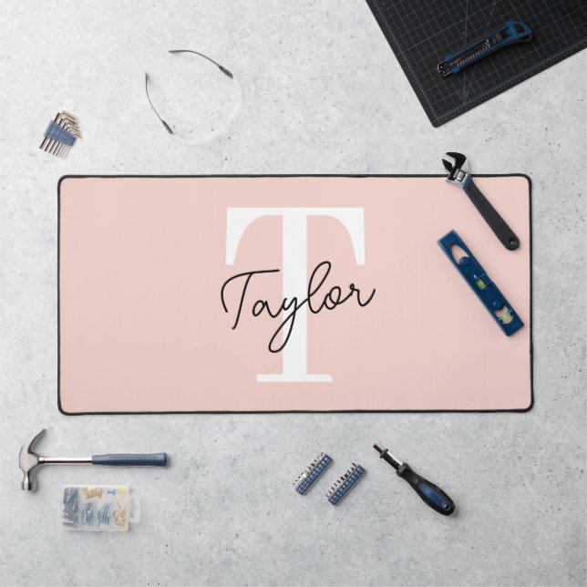 Modern Blush Pink Monogram Name Feminine Script Desk Mat (Workstation)