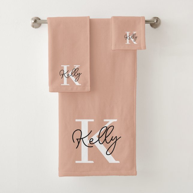 Modern Blush Pink Monogram Script Bath Towel Set (Insitu)