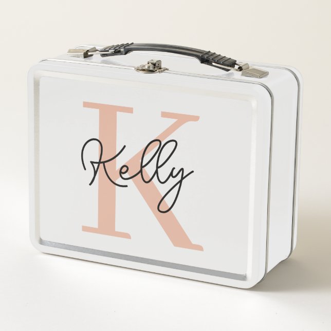 Modern Blush Pink Monogram Script Metal Lunch Box (Front)