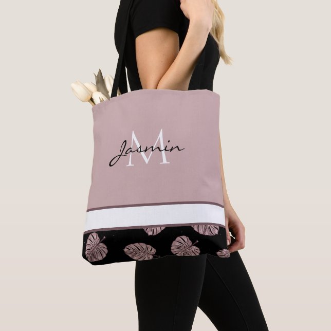 Modern Blush Pink Monogram Tropical Leaf Tote Bag (Close Up)