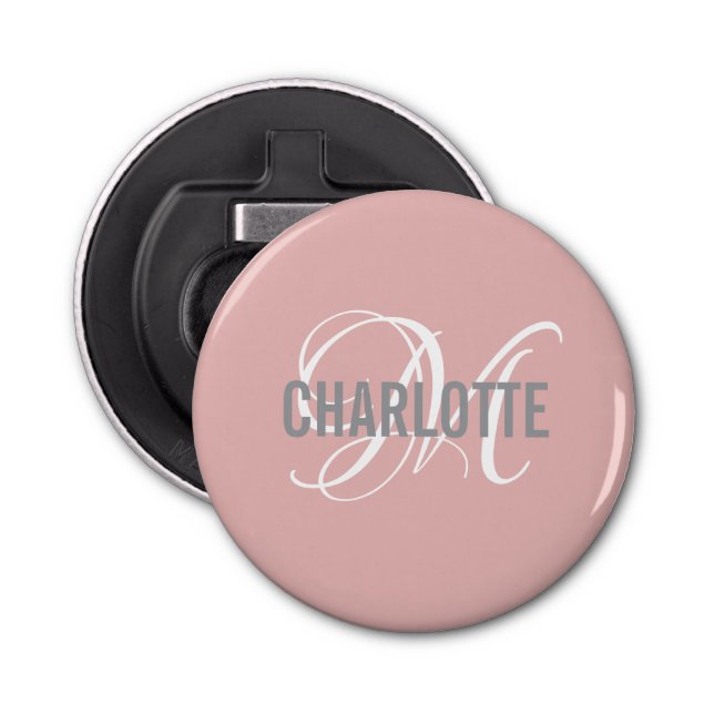 Modern Blush Pink Monogrammed Button Bottle Opener (Front)