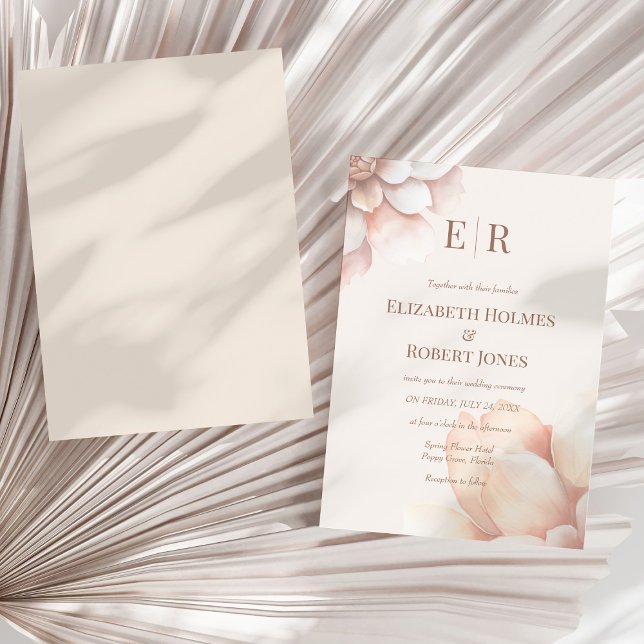 Modern Blush Pink Mousse Petals Monogram Wedding Invitation (Modern Blush Pink Mousse Petals Monogram Wedding Invitation on a sunny neutral dry palm leaf.)