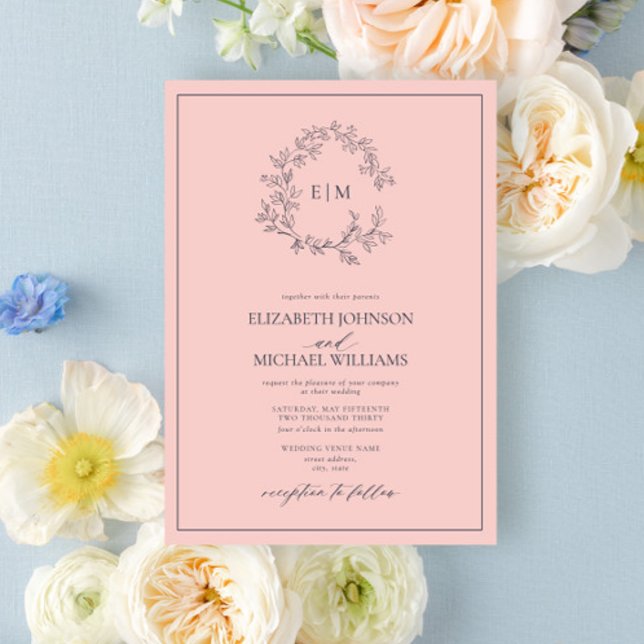 Modern Blush Pink Navy Blue Monogram Wedding Invitation (Creator Uploaded)