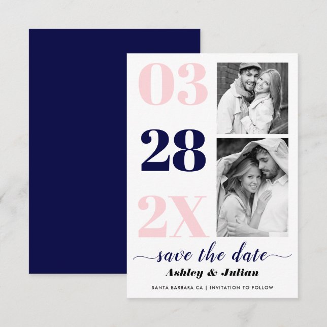 Modern blush pink, navy blue typography two photo save the date (Front/Back)
