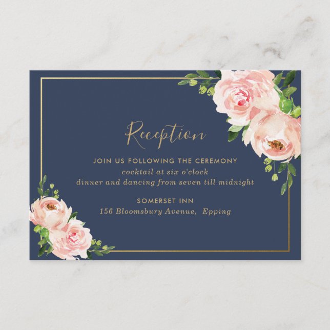 Modern Blush Pink Navy Floral Wedding Reception Enclosure Card (Front)