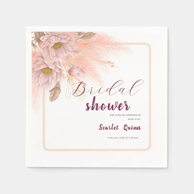 Modern blush pink pampas grass bridal shower napkin (Front)