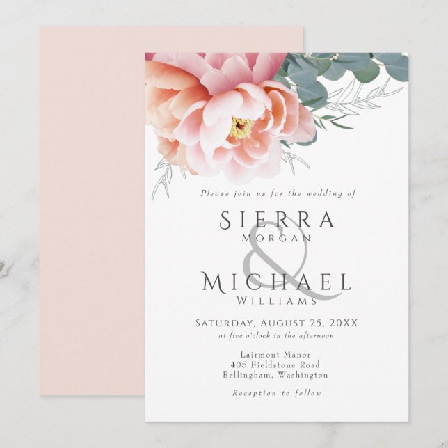 Modern Blush Pink Peach Peony Floral Wedding Invitation (Front/Back)