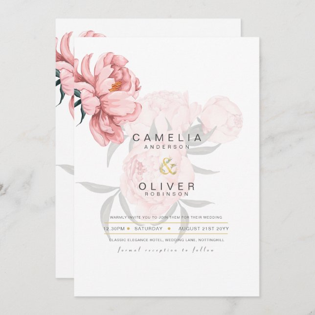 Modern Blush Pink Peonies Floral Wedding Invite (Front/Back)
