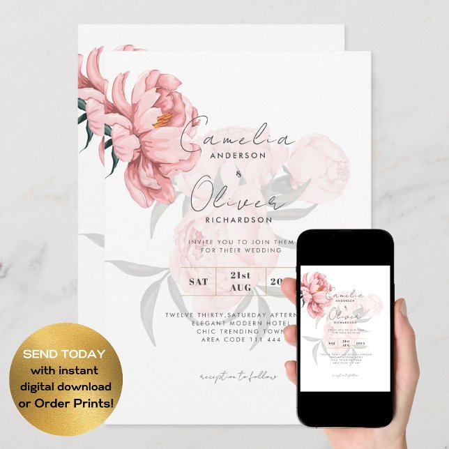 Modern Blush Pink Peonies Floral Wedding Invite (Creator Uploaded)