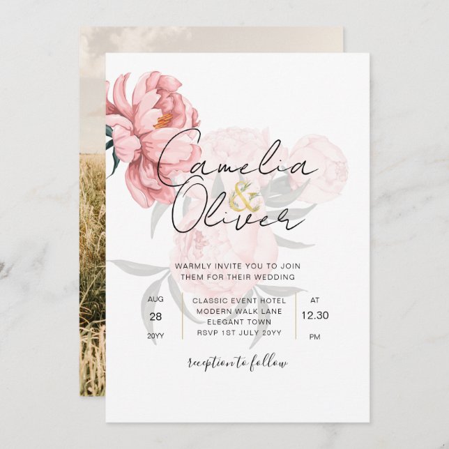 Modern Blush Pink Peonies Floral Wedding Invite (Front/Back)