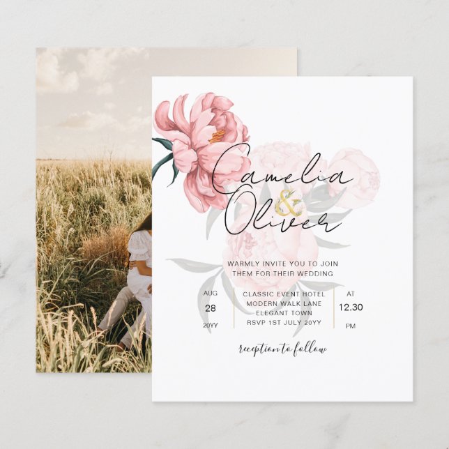 Modern Blush Pink Peonies Floral Wedding Invite (Front/Back)