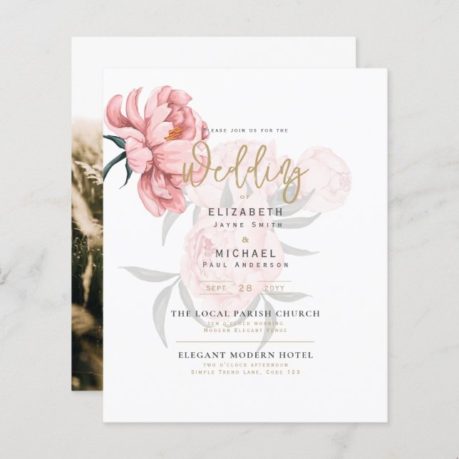 Modern Blush Pink Peonies Floral Wedding Invite (Front/Back)
