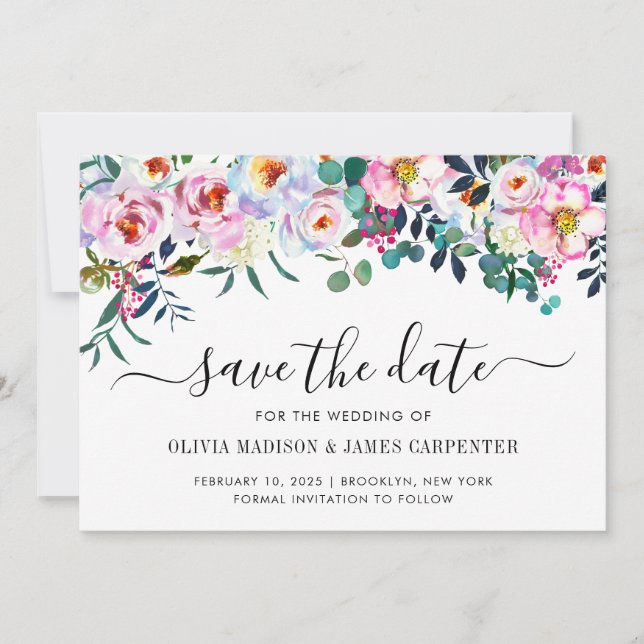 Modern Blush Pink Peony Floral Eucalyptus Wedding Save The Date (Front)