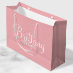 Modern Blush Pink Personalised Bridesmaids Large Gift Bag<br><div class="desc">Modern Personalised Bridesmaids Gifts
featuring personalised bridesmaid's name in white modern calligraphy font style with title and wedding date in white modern sans serif font style on blush pink background.

Also perfect for Maid of Honour,  Flower Girl,  Mother of the Bride and more.</div>