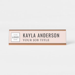 Modern Blush Pink Personalised Business Logo Desk Name Plate