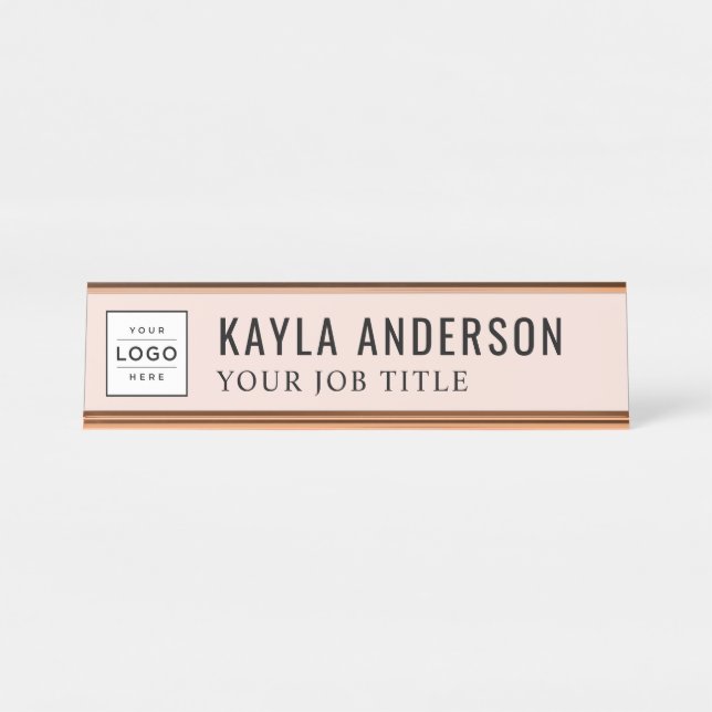 Modern Blush Pink Personalised Business Logo Desk Name Plate (Front)