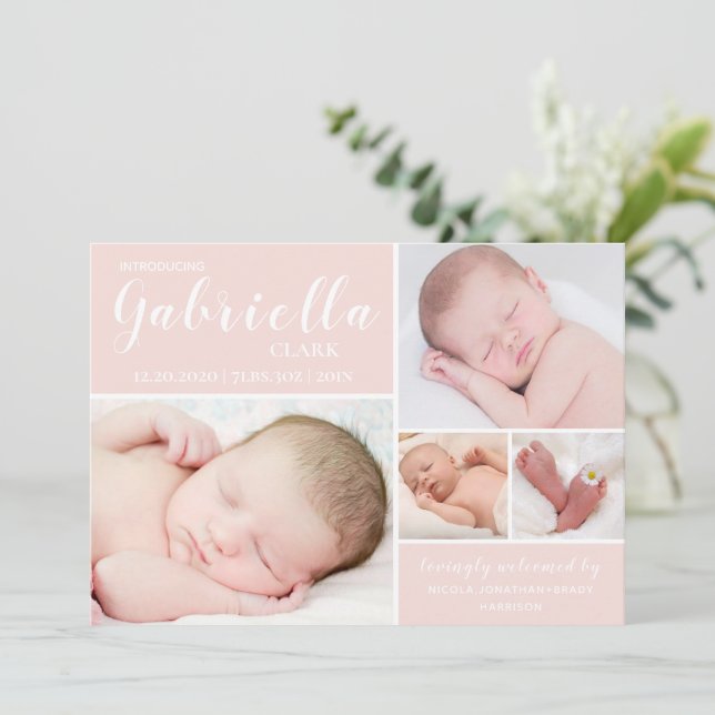 Modern Blush Pink Photo Collage Baby Girl Announcement (Standing Front)