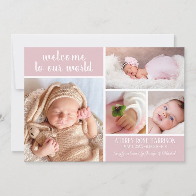 Modern Blush Pink Photo Collage Baby Girl Birth Announcement (Front)