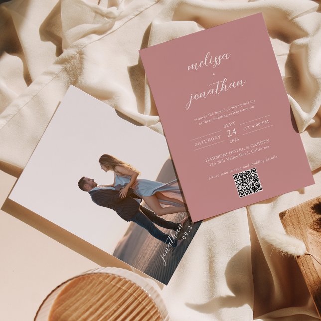 Modern Blush Pink Photo Script QR Code Wedding Invitation (Creator Uploaded)