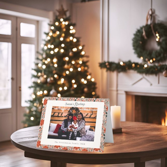 Modern Blush Pink Poinsettia Photo Christmas Card (Poinsettia Season Folded Photo Christmas Card blush pink)