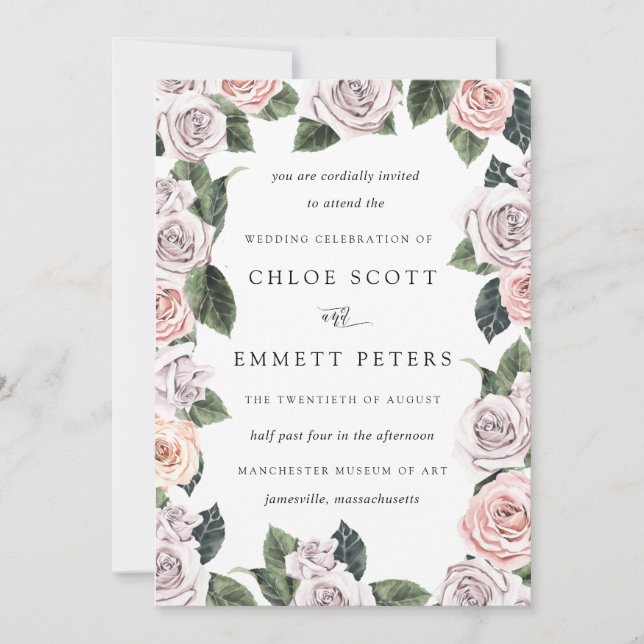 Modern Blush Pink Purple Rose Botanical Wedding Invitation (Front)