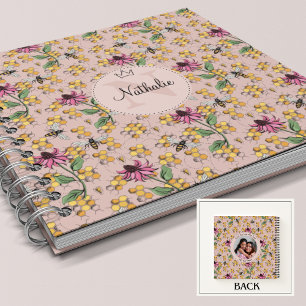 Modern Blush Pink Queen Bee & Flowers Monogram Notebook