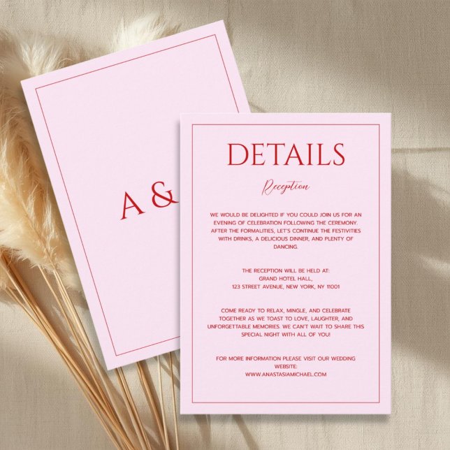 Modern blush pink red minimalist wedding details enclosure card (Creator Uploaded)