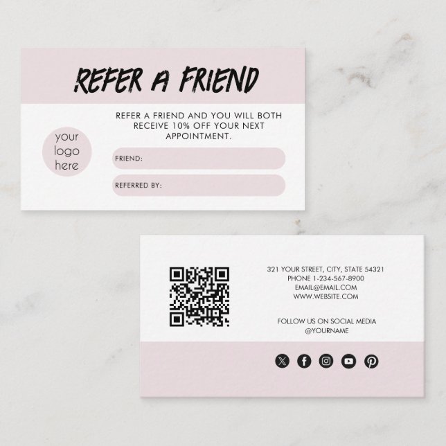 Modern Blush Pink Refer A Friend Referral Card (Front/Back)
