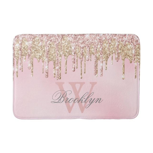 Modern Blush Pink Rose Gold Glitter Drips Monogram Bath Mat (Front)
