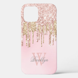 Modern Blush Pink Rose Gold Glitter Drips Monogram iPhone 12 Case