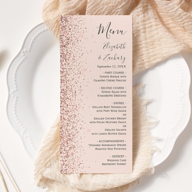 Modern Blush Pink Rose Gold Glitter Edge Wedding Menu (Creator Uploaded)