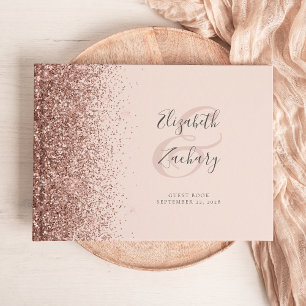 Modern Blush Pink Rose Gold Glitter Script Guest Book