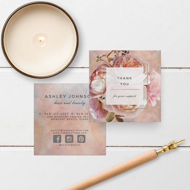Modern Blush Pink Rose & Peony Elegant Thank You Square Business Card (Creator Uploaded)