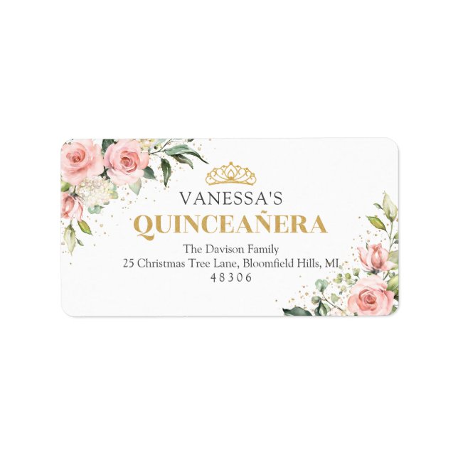 Modern Blush pink roses gold tiara 15th birthday Label (Front)