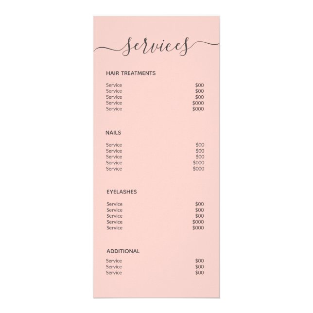 Modern Blush Pink Salon Makeup Artist Service Menu (Back)