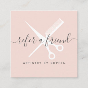Modern blush pink scissors script refer a friend referral card