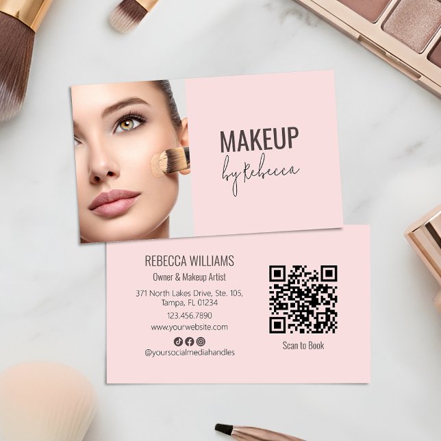 Modern Blush Pink Script Font QR Code Photo Makeup Business Card (Modern blush pink QR code business card with photo - ideal for makeup artists and beauty businesses)