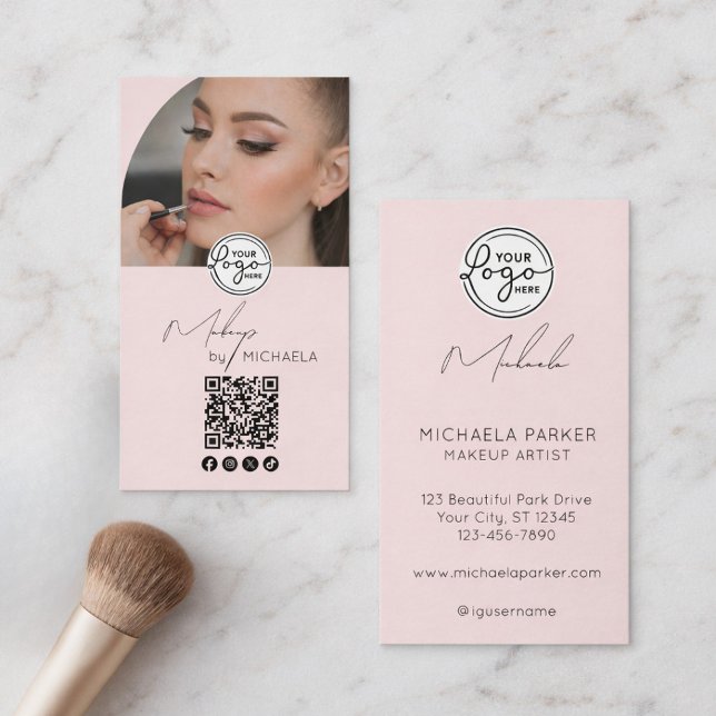 Modern Blush Pink Script Logo QR Code Photo Makeup Business Card (Creator Uploaded)